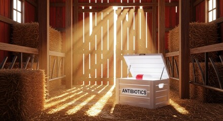 Sunlight pours through the wooden barn slats, casting warm beams across dusty straw. A white crate labeled antibiotics sits center, surrounded by golden hay and quiet barn dust. soft dusk glow
