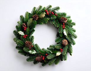Festive Holiday Wreath with Evergreen Branches, Cones, and Red Berries