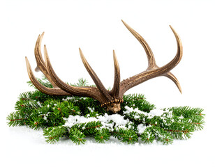 Whitetail deer antlers resting on a bed of snow-dusted pine branches, a festive winter scene