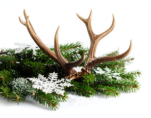 Fallen deer antler resting on frosty evergreen branches with snow and a snowflake decoration on a white background, creating a rustic winter holiday composition