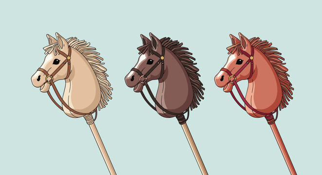 Three colorful hobby horses with bridles and wooden sticks, traditional children's toys, stand against a light blue background.