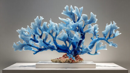 Coral reef sculpture crafted from recycled glass glowing underwater with soft reflections symbolizing renewal sustainability and the fusion of nature and human creativity in ocean conservation