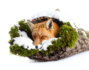 A serene red fox finds peaceful slumber nestled deeply within a snow-dusted, moss-covered log, creating a beautiful winter wildlife tableau
