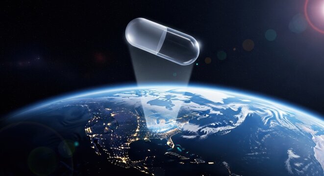 A futuristic capsule hovers above Earth, projecting a holographic image onto the planet's surface, signifying advancements in technology and healthcare, illuminated by celestial lights