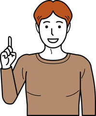 正面向き。ナンバーワンポーズをするTシャツの若い男性。