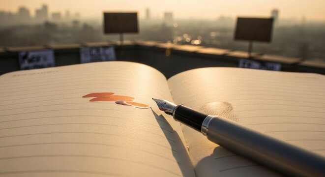 A close view of an open notebook with a fountain pen resting on crisp pages, illuminated by warm sunset light, revealing a vibrant splash of ink, against a blurred city skyline - Powered by Adobe