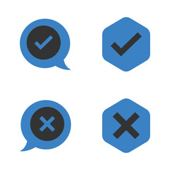 Fototapeta premium Blue checkmark and cross icons in speech bubble and hexagon shapes symbol