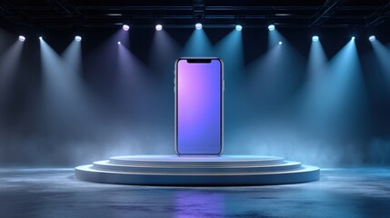 Futuristic product launch stage for corporate marketing campaign, holographic smartphone interface displayed on modern tiered platform with dynamic lighting and atmospheric fog effect

