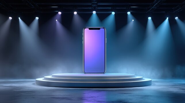 Futuristic product launch stage for corporate marketing campaign, holographic smartphone interface displayed on modern tiered platform with dynamic lighting and atmospheric fog effect

