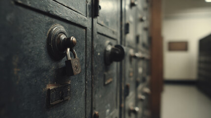 Closed government offices hallway with vintage locked metal safe deposit boxes giving uneasy nostalgic mood