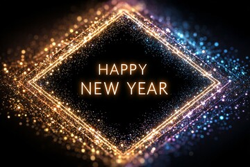 Happy new year glowing text within a sparkling diamond frame, festive celebration graphic for holidays and events.