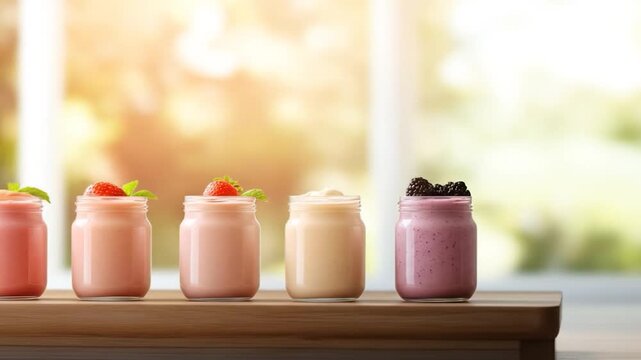 Colorful fruit smoothies in glass jars with fresh berries and mint