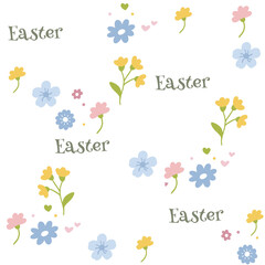 Colorful Easter bunny with eggs and flowers. Easter basket with eggs and sheep. Easter parity and pattern. Easter background for postcard, banner.	