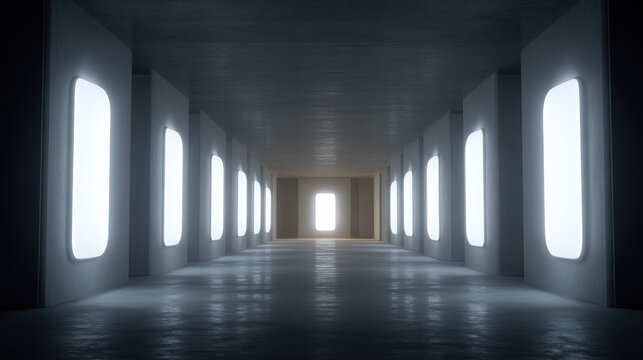 Closed modern government offices corridor with illuminated windows and reflective floor conveying calm minimalism