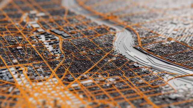 A city map with a large orange dot in the middle. The map is very detailed. Close-up fine grained urban environmental data layers mapped dynamic on miniature city surface, digital city ecosystem