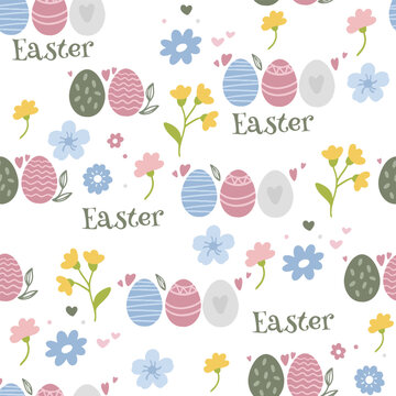Colorful Easter bunny with eggs and flowers. Easter basket with eggs and sheep. Easter parity and pattern. Easter background for postcard, banner.	