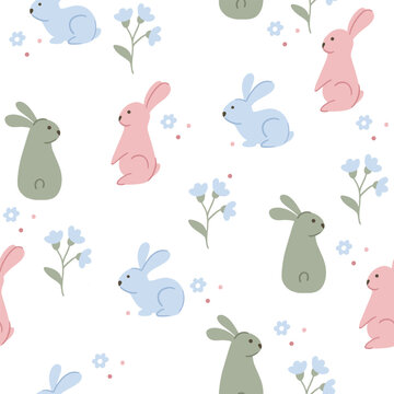 Colorful Easter bunny with eggs and flowers. Easter basket with eggs and sheep. Easter parity and pattern. Easter background for postcard, banner.	