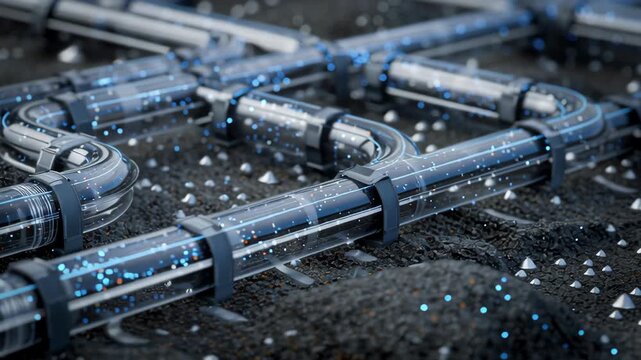 A pipe is shown in a black background. The pipe is made of clear plastic. Close-up infrastructure renewal concept micro pipes and micro conduits representing future city refresh, city revitalization