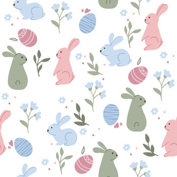 Colorful Easter bunny with eggs and flowers. Easter basket with eggs and sheep. Easter parity and pattern. Easter background for postcard, banner.	