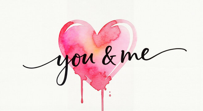 Watercolor heart with black ink handwritten phrase “you & me”, loose and modern, simple script illustration on white background, romantic and artistic concept with copy space
