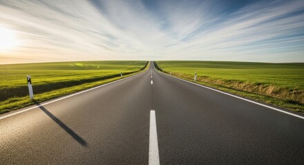 Naklejka premium A long, straight road stretching into the distance with green fields on either side and a clear blue sky above.