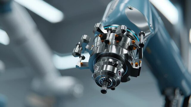 A robot arm with a camera on it. The robot arm is blue and silver. Close-up intelligent surgical manipulator arm joint smooth continuous rotation high accuracy, surgical robot system