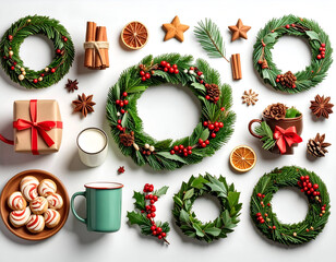 A festive flat lay of Christmas wreaths, holiday cookies, warm spices, and decorations arranged on a clean white background