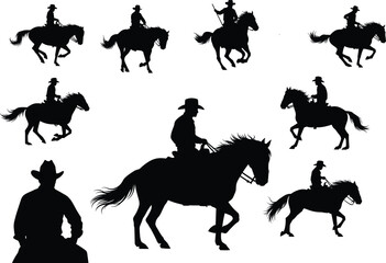 Cowboy and Horse Silhouette Set – Stylized Black Figures in Riding, Sitting, and Western Action Poses