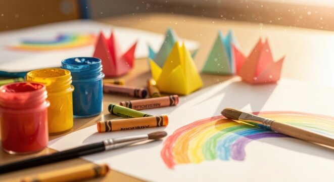 A vibrant tabletop scene featuring colorful paint jars, crayons, and paper with a half-drawn rainbow, alongside crafted origami crowns, creating a playful artistic atmosphere