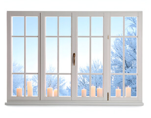 Serene winter view of a snow-covered landscape from a window with warm, glowing candles on the sill isolated on white background