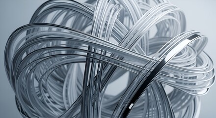 Abstract metallic sculpture formed by curved bands in a complex and shiny pattern