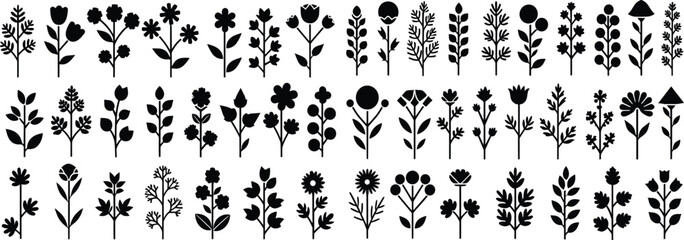 Floral Silhouette Icon Set – Stylized Black Botanical Designs with Varied Petals, Stems, and Leaf Patterns