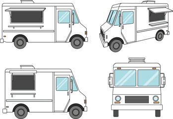 Food Truck Multi-View Icon Set – Stylized Side, Front, and Angled Perspectives with Open Serving Window