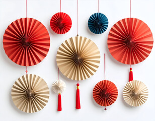 Festive Hanging Paper Fans & Decor, Accordion Style, Pom-poms Decoration