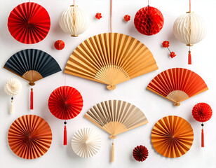 Flat lay of vibrant red and gold paper fans, festive lanterns, and decorative elements arranged for cultural celebrations and holiday decor on a clean white background