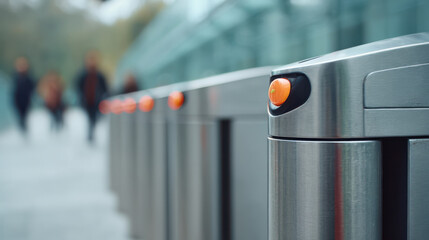 Silver turnstile gate with orange indicator closed at government office entrance creating quiet security atmosphere