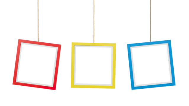 Tilted Frames Hanging with Clothespins for Casual Wall Display on transparent background