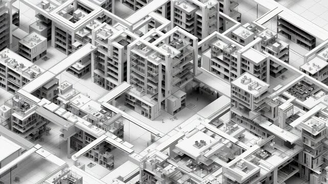 Close-up modular city block components showing flexible program distribution, rational grid urban design, mixed use urban project