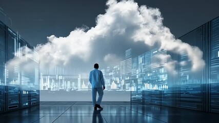 Scientist observing cloud data visualization in a high-tech server room with digital analytics displayed - Powered by Adobe
