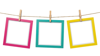 Modern Colorful Frames Hanging on Twine for Photography Display on transparent background 