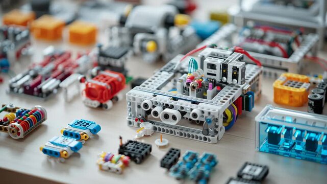 Close-up modular plastic robotic education kit parts with micro sensors and micro motors neatly arranged on table, future learning engineering detail shot, robotic education kit