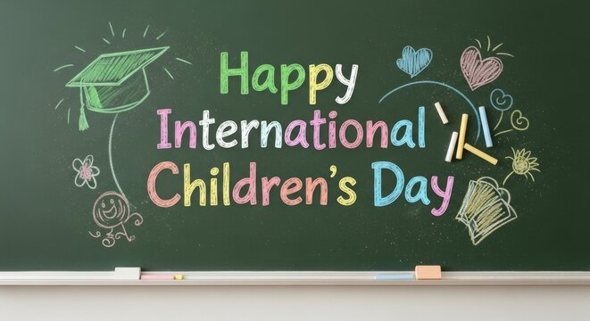 A colorful chalkboard displays a cheerful message celebrating International Children's Day, featuring vibrant letters, playful doodles, and symbols like a graduation cap and hearts