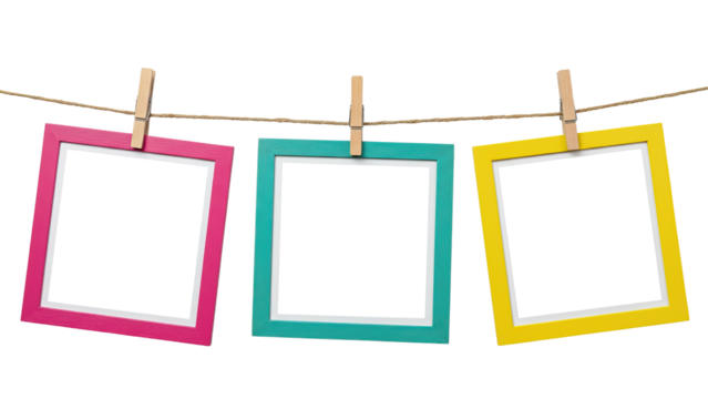 Modern Colorful Frames Hanging on Twine for Photography Display on transparent background 