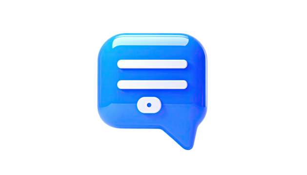 Glossy blue chat bubble icon with a dot, isolated