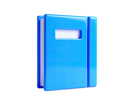 Glossy blue notepad/sketchbook, standing against a black background