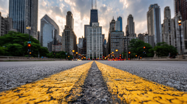 Low angle road city skyline double yellow line urban street skyscraper skyline dusk lighting