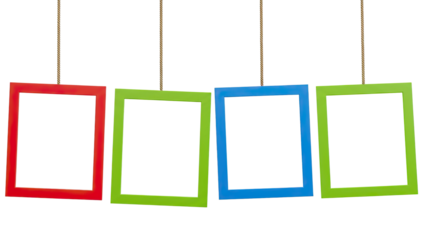 Red, Green, and Blue Frames Hanging in Sequence on Rope on transparent 