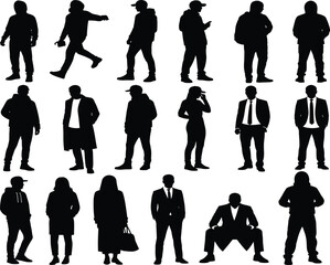 Mixed Attire Silhouette Set – Stylized Black Figures in Casual, Formal, and Seated Poses