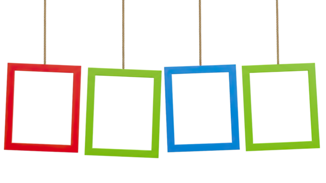 Red, Green, and Blue Frames Hanging in Sequence on Rope on transparent 