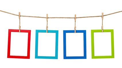 Clean White Empty Frames Hanging with Colorful Borders on Rope on transparent 